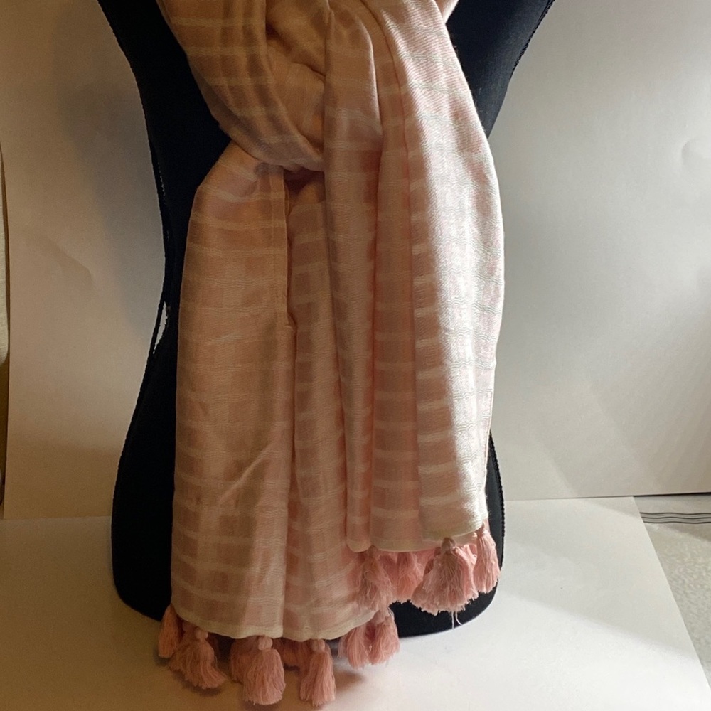 J Crew UK Huge Wrap Scarf with arm holes pink white check fringe versatile